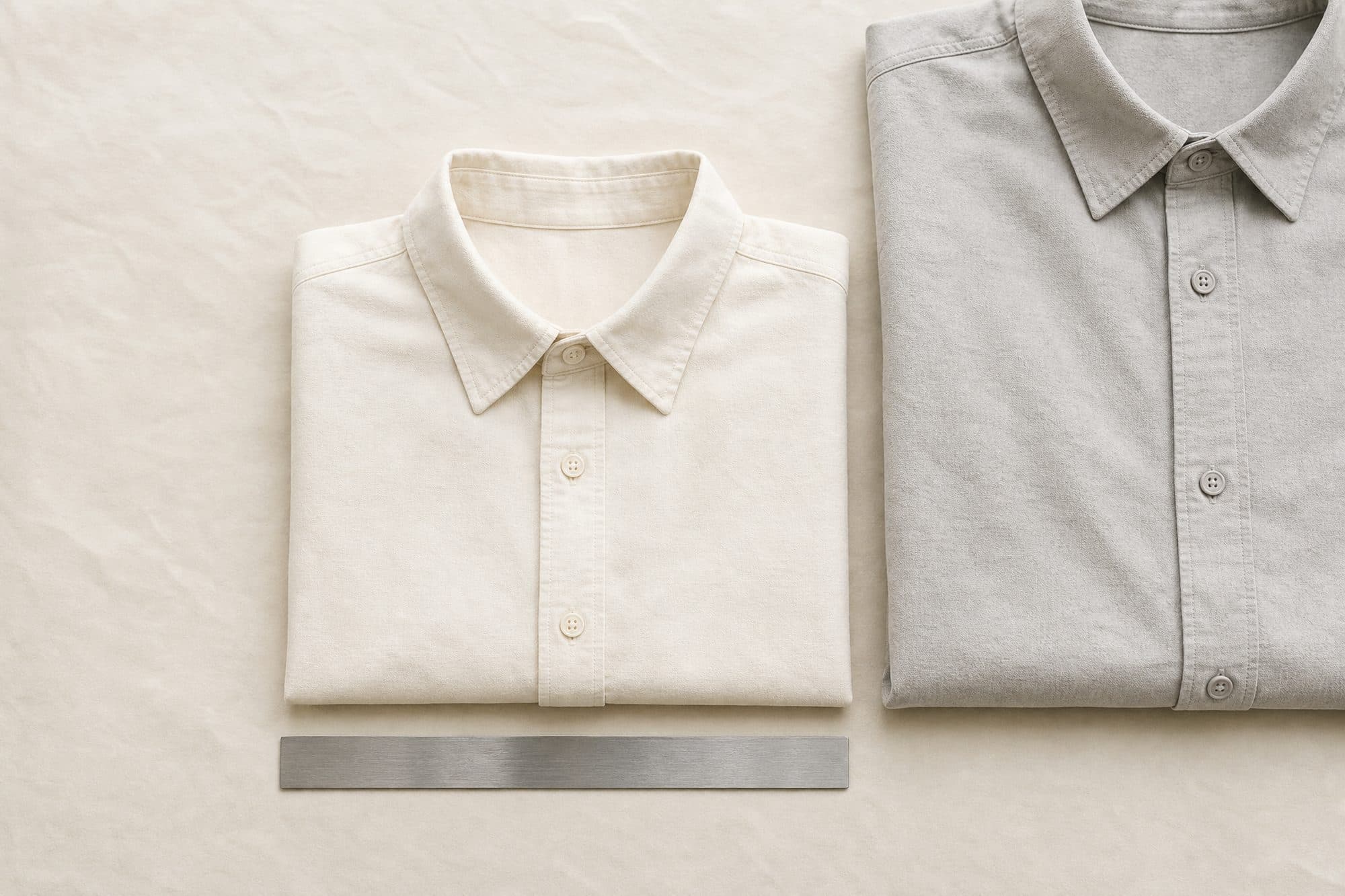 Two folded shirts of different sizes laid side by side on paper with a steel ruler across the hem of the nearer one.