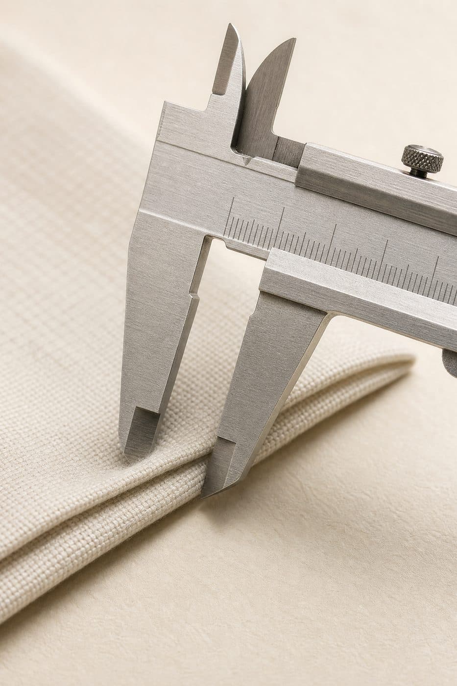 A vernier caliper gripping the folded edge of woven cotton shirting.