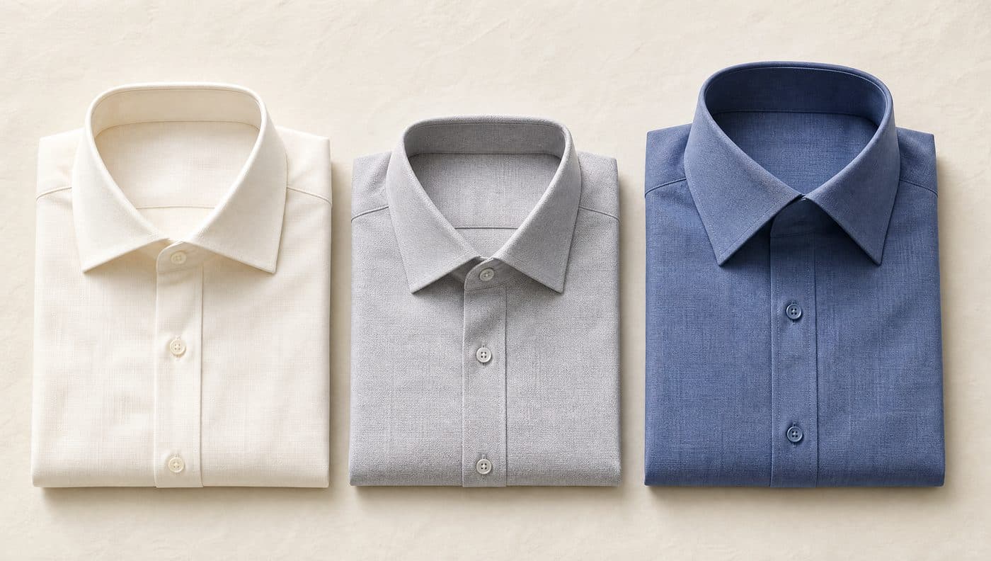Three folded shirts in bone, grey and indigo laid side by side, each a visibly different size.