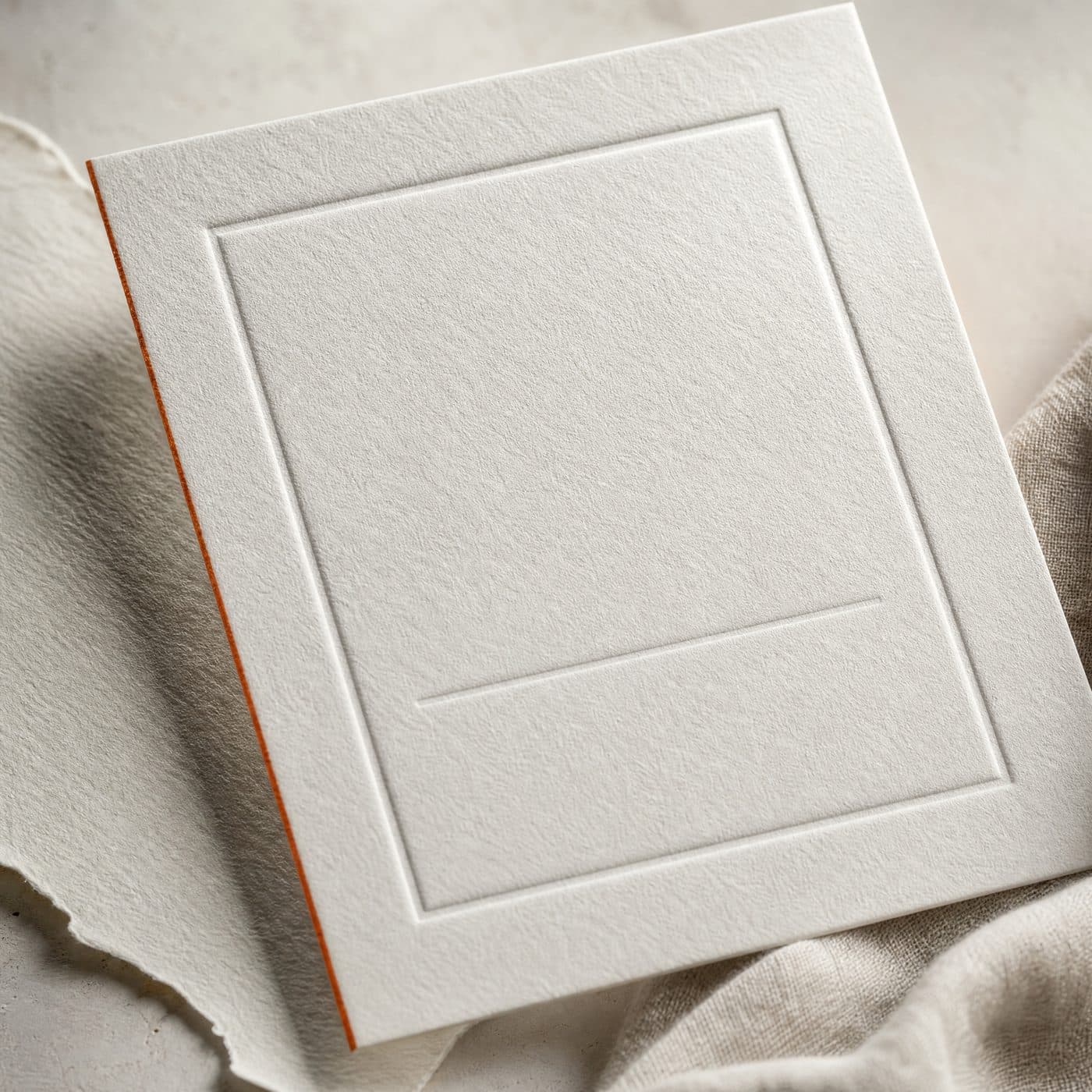 A blank thick cotton letterpress card with a deeply debossed frame.
