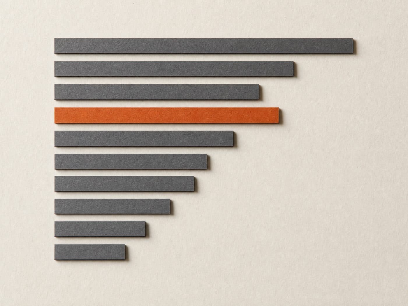 Slim paper strips of different lengths, all starting from the same left edge, one of them marked in orange.