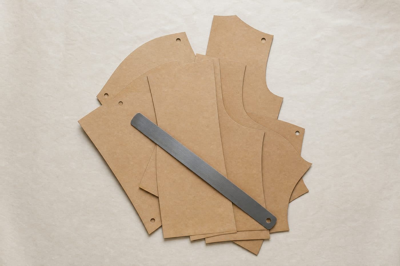Stacked kraft paper garment pattern pieces with a steel ruler laid across them.
