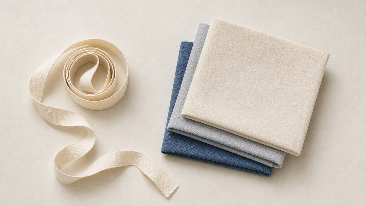 A plain cloth tape coiled beside three folded squares of shirting fabric.
